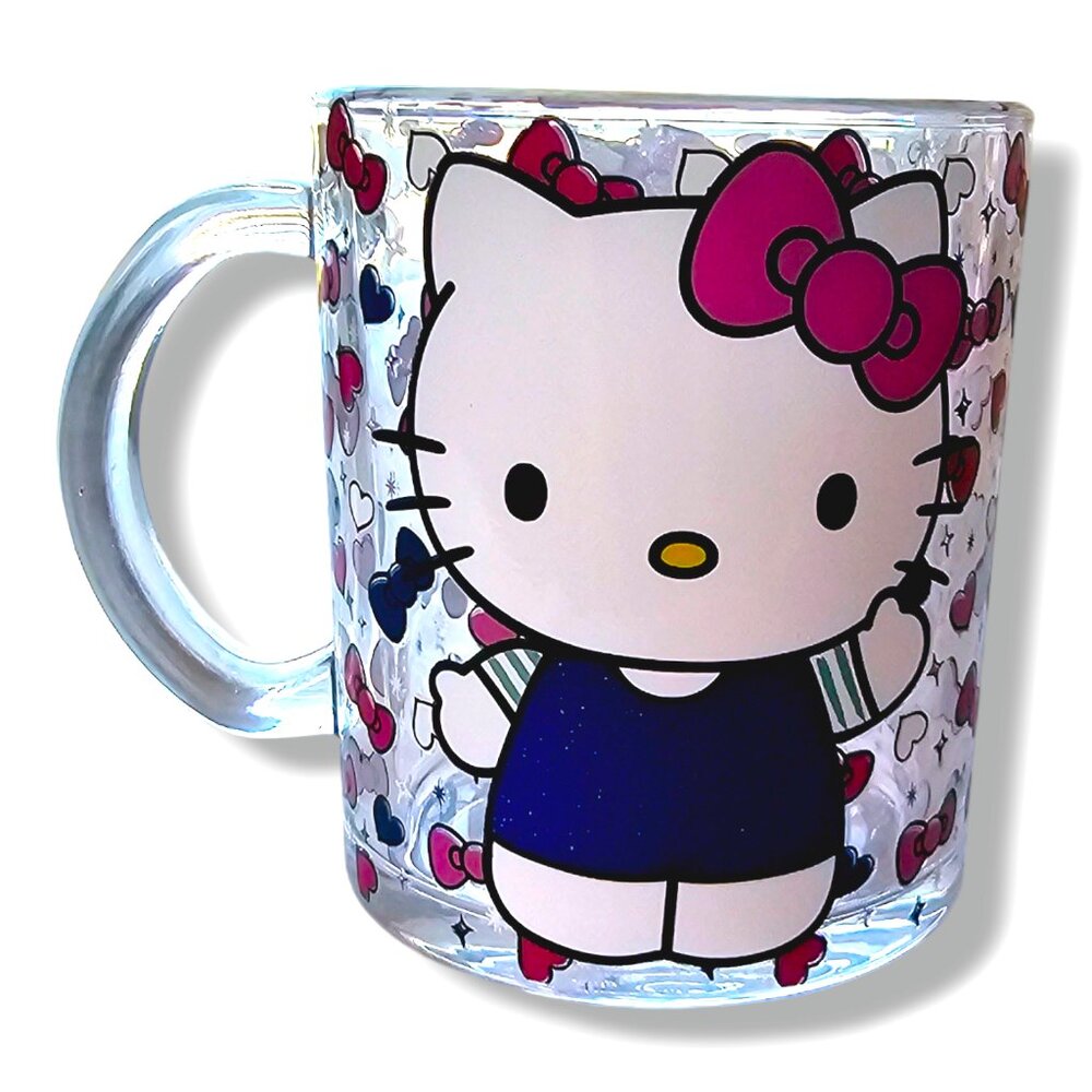 Hello Kitty Glass Mug, Sanrio, Gift for Her, Cute Bow Design, Tea, Coffee